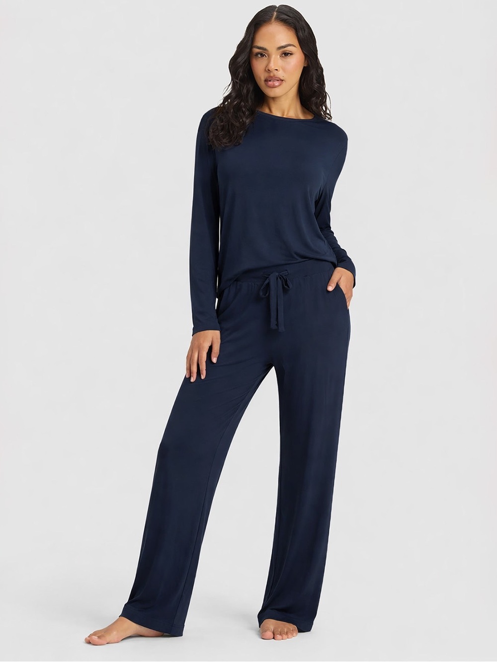 Women’s Navy Lounge Set - Breathable Long Sleeve Top & Drawstring Pants